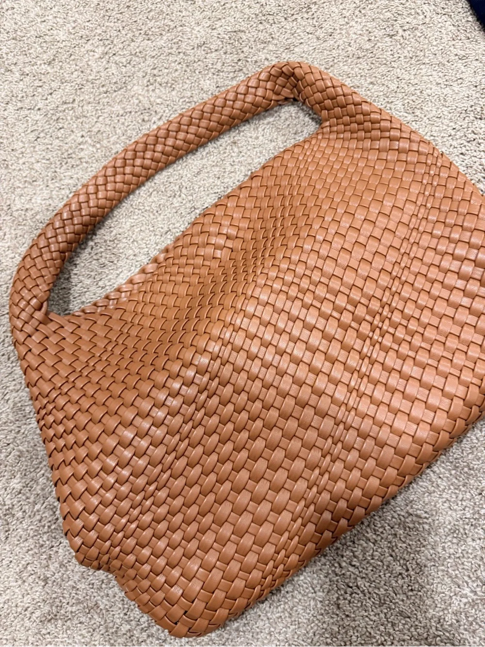 Woven Shoulder Hobo Bag in Cognac Brown